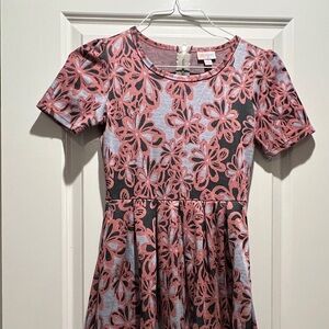 LuLaRoe pink and purple and Flare Midi Dress with Puff Sleeves